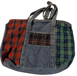 80s 90s Vintage Women's Denim Plaid Patchwork  Shoulder Tote Bag